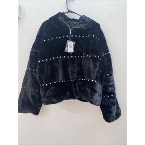 ASHLEY STEWART Faux Fur Pearl Embellished Hooded Bomber Jacket Size 22/24 NWT